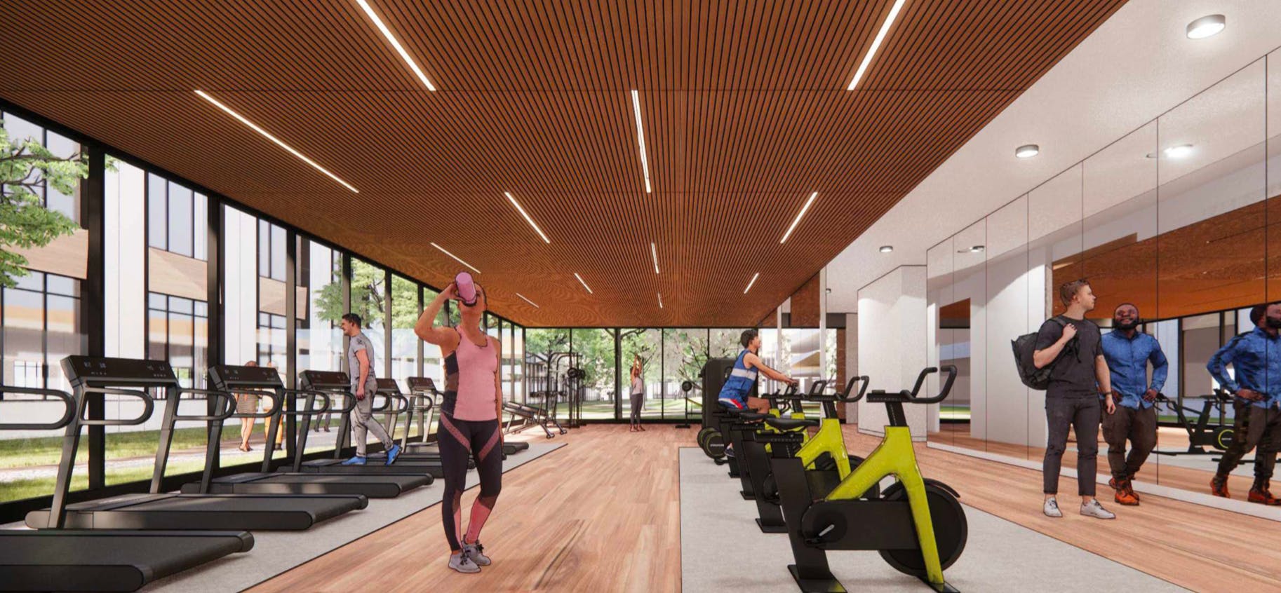 Rendering of a fitness center with people using treadmills and stationary bikes