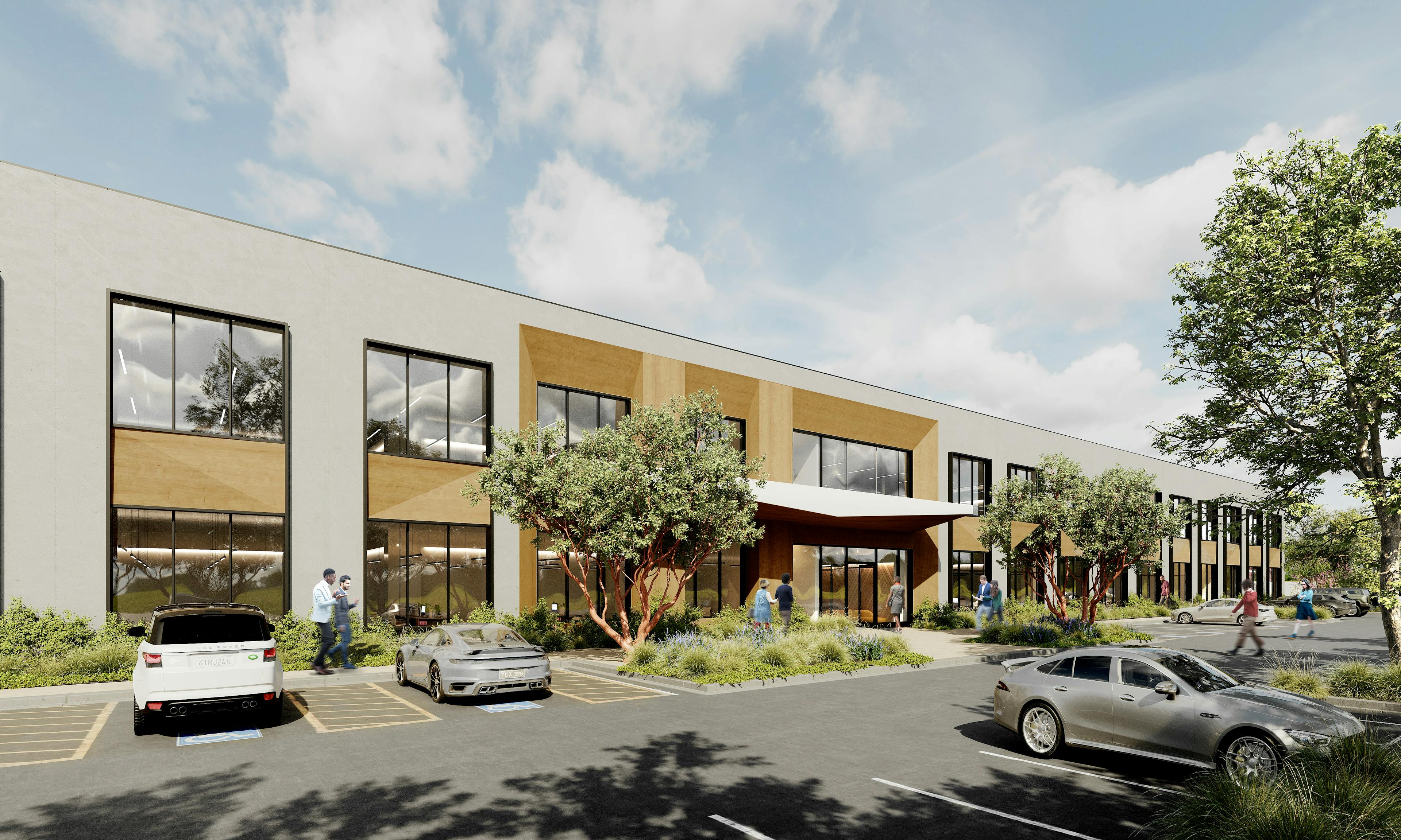 rendering of project building with parking in front